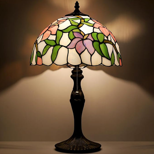 Tiffany Lamp Stained Glass Table Lamp Bedside Reading Lamp 12 x 19” Pink Flower Style Decorative Lamp for Desk Study Living Room Bedroom Office Decor Gift