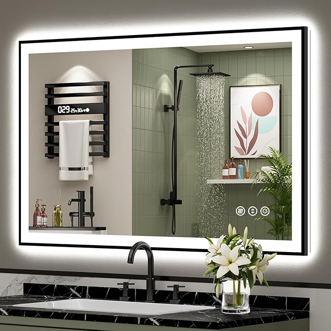 48x32 Black Framed LED Bathroom Mirror with Lights, Backlit and Front Lit Anti-Fog Lighted Vanity Mirrors for Bathroom Wall, Dimmable, 3 Colors, Memory, HD Tempered Glass, Horizontal/Vertical