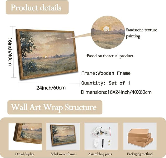 Vintage Sunset Wall Art Rustic Cottagecore Landscape Wall Decor Fall Country Nature Painting Artwork 3D Textured Sandstone for Living Room Bedroom 16x24 Inch Wood Framed