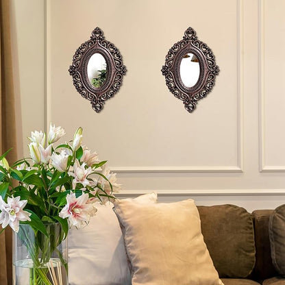 2 Set Oval Wood Carved Wall Mirror Baroque 3D Relief Rustic Home Decor Small Decorative Hanging Mirrors for Living Room, Bedroom Entrance Wall Sculpture