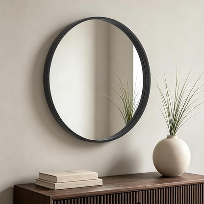 HOMECOOKIN Round Wood Mirror 24 inch Circle Mirror, Rustic Farmhouse Wooden Framed Decorative Wall Decor, Vanity Wall Mirror for Bathroom, Bedroom, Entryway, Living Room (Black)