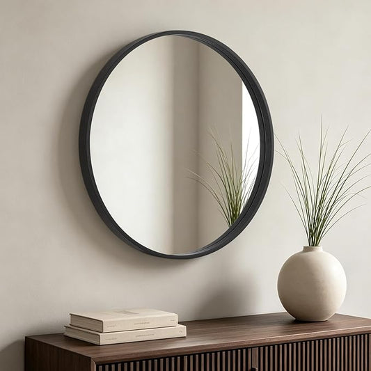 HOMECOOKIN Round Wood Mirror 24 inch Circle Mirror, Rustic Farmhouse Wooden Framed Decorative Wall Decor, Vanity Wall Mirror for Bathroom, Bedroom, Entryway, Living Room (Black)