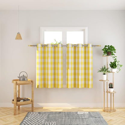 3 Pc Cotton Classic Country Farmhouse Kitchen Window Curtain Grommet Top -Yellow & White Buffalo Check Tier & Valance Set, 54" x 18" / 32" x 36"