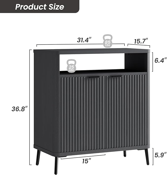 Fatmok Fluted Buffet Cabinet with Storage Set of 2, 31.4" Wide Wood Sideboard Credenza with 2 Doors & Open Storage Shelf, Modern Coffee Bar Table for Living Room Kitchen Dining Room,Black Grey