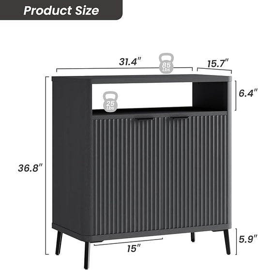Fatmok Fluted Buffet Cabinet with Storage Set of 2, 31.4" Wide Wood Sideboard Credenza with 2 Doors & Open Storage Shelf, Modern Coffee Bar Table for Living Room Kitchen Dining Room,Black Grey