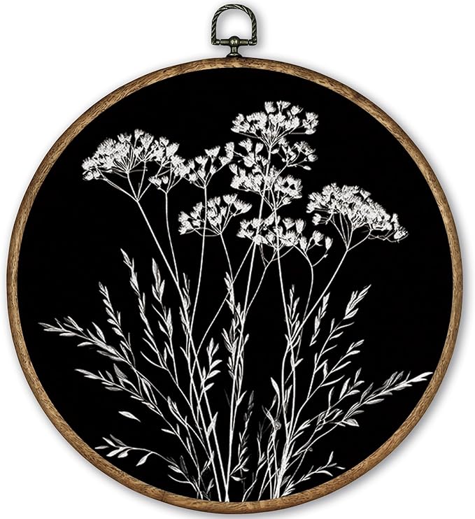 TLESKE Black Vintage Botanical Round Wall Art Decor Framed 10x10, Boho Wildflower Fall Floral Canvas Wall Art Artwork Prints, Rustic Wall Hanging Room Decorations Door Decor for Living Room Bedroom