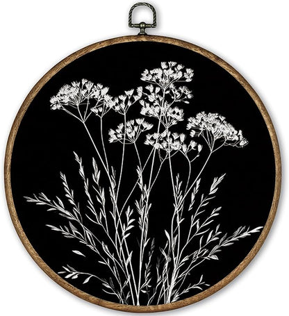 TLESKE Black Vintage Botanical Round Wall Art Decor Framed 10x10, Boho Wildflower Fall Floral Canvas Wall Art Artwork Prints, Rustic Wall Hanging Room Decorations Door Decor for Living Room Bedroom
