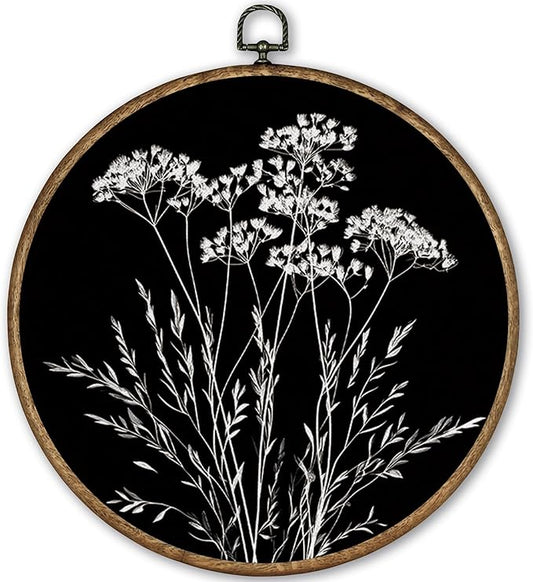 TLESKE Black Vintage Botanical Round Wall Art Decor Framed 10x10, Boho Wildflower Fall Floral Canvas Wall Art Artwork Prints, Rustic Wall Hanging Room Decorations Door Decor for Living Room Bedroom