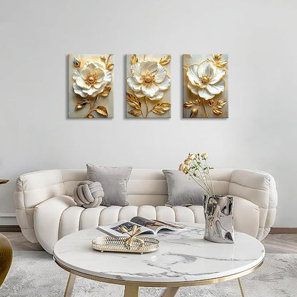 Modern White Floral Golden Leaves Canvas Wall Art Set, Neutral 3d Textured Flowers Wall Painting Pictures Boho Beige Blossom Wall Decor Posters Print Artwork for Bedroom Living Room Office 16x24x3Pcs