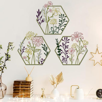 ESTART 3 Pcs Metal Flower Wall Decor, Minimalist Floral Wall Hanging Art, Abstract Line Floral Wall Art Sculpture for Bedroom Bathroom Living Room Kitchen Dining Room (Multi Color)