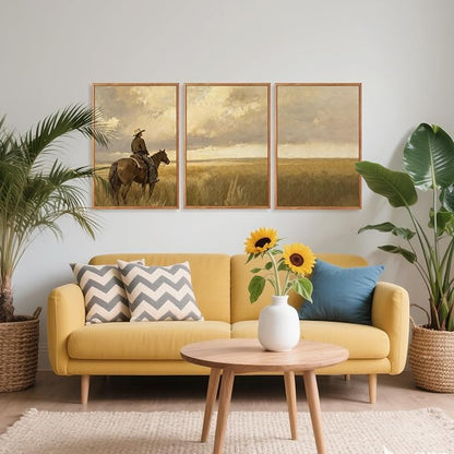 Aurlan Western Cowboy Framed Wall Art(16"x24"), 3PCS Vintage Neutral Southwestern Horse Riding Canvas Artwork, Mid Century Modern Ranch Gobi Desert Landscape Decor for Man Cave Bedroom