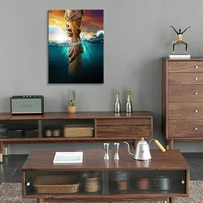 Jesus Christ Canvas Wall Art The Hand of God Jesus Reaching Into Water Christian Painting Prints Biblical Wall Decor Religious Room Decor for Church Living Prayer Bedroom Room Hospitals 8x10In canvas