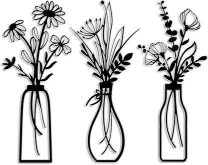 ZIYOGIFT 3 Pieces Black Metal Flowers Wall Art, Bathroom Kitchen Bedroom Wrought Iron Decor, Modern Sculpture Hanging for Living Laundry Dining Room Farmhouse Home Office Apartment, Housewarming Gifts