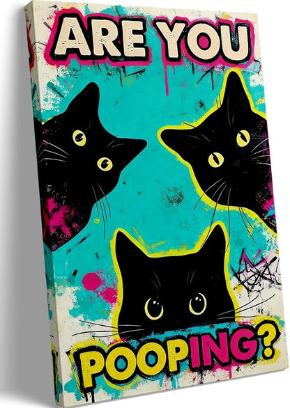 DUFIPOR Funny Black Cat Bathroom Wall Art, Are You Pooping? Graffiti Pop Art Canvas Prints, 16x24 Inch Humorous Bathroom Decor for Washroom Restroom, Trendy Cat Lover Gifts for Bathroom Wall Decor