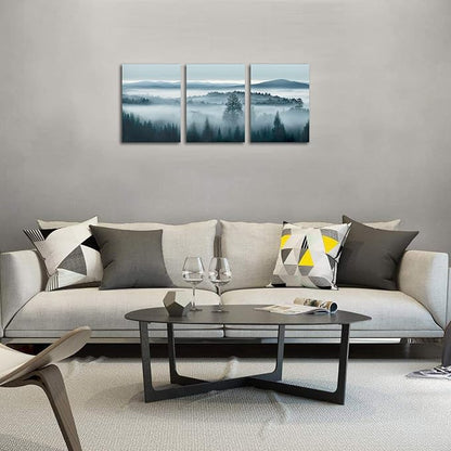 Foggy Forest Canvas Wall Art Indigo Misty Forest Pictures Blue Grey Abstract Mountain Trees Painting Artwork Nature Scene Canvas Art for Living Room Bedroom Home Office Wall Decor 12" x 16" x 3Piece