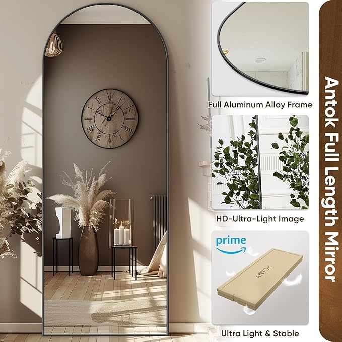 Antok Arched Full Length Mirror, 56"x14" Black Metal Frame Floor Mirror for Bedroom Living Room, Freestanding/Wall Mount/Leaning