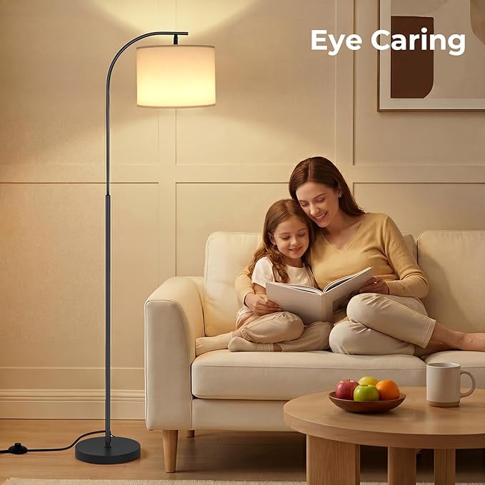 SIBRILLE Floor Lamp with Linen Shade, Arc Dimmable Tall Standing Lamp with Remote Control, Modern Floor Reading Light for Living Room Bedroom Office Corner, 9W LED Bulb Included