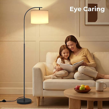 SIBRILLE Floor Lamp with Linen Shade, Arc Dimmable Tall Standing Lamp with Remote Control, Modern Floor Reading Light for Living Room Bedroom Office Corner, 9W LED Bulb Included