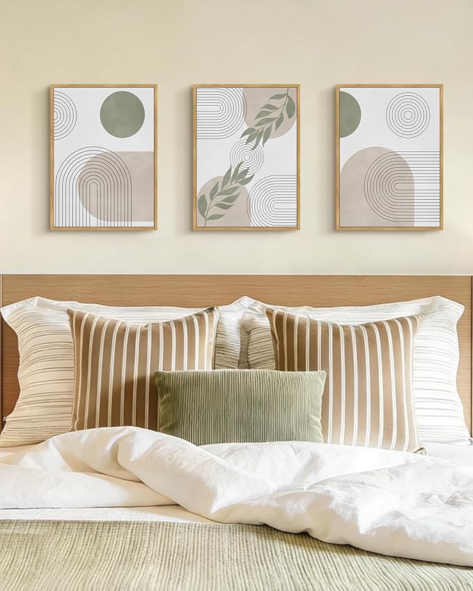 Drsoum Green Botanical Boho Wall Art Framed Modern Bohemian Sage Wall Decor Abstract Geometry Lines Prints Ready to Hang 11x14in Natural Framed