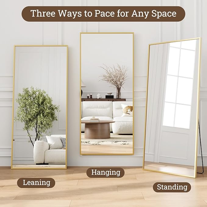 Gold Mirror Full Length, 65"x24" Floor Mirror with Stand, Full Body Mirrors for Bedroom, Hanging Mounted for Living Room Cloakroom, Shatterproof Tempered Glass Floor Mirror