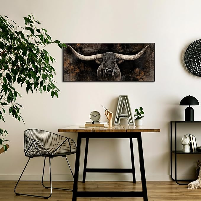 KREATIVE ARTS Large Longhorn Cow Canvas Wall Art with Floater Frame Black White Bull Head Western Cattle Picture Rustic Farmhouse Animal Print for Man Cave Barn Wall Decor 20x48 Inches