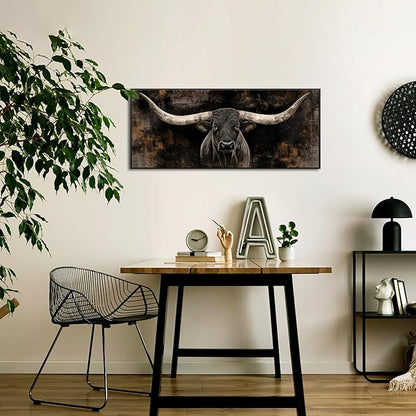 KREATIVE ARTS Large Longhorn Cow Canvas Wall Art with Floater Frame Black White Bull Head Western Cattle Picture Rustic Farmhouse Animal Print for Man Cave Barn Wall Decor 20x48 Inches