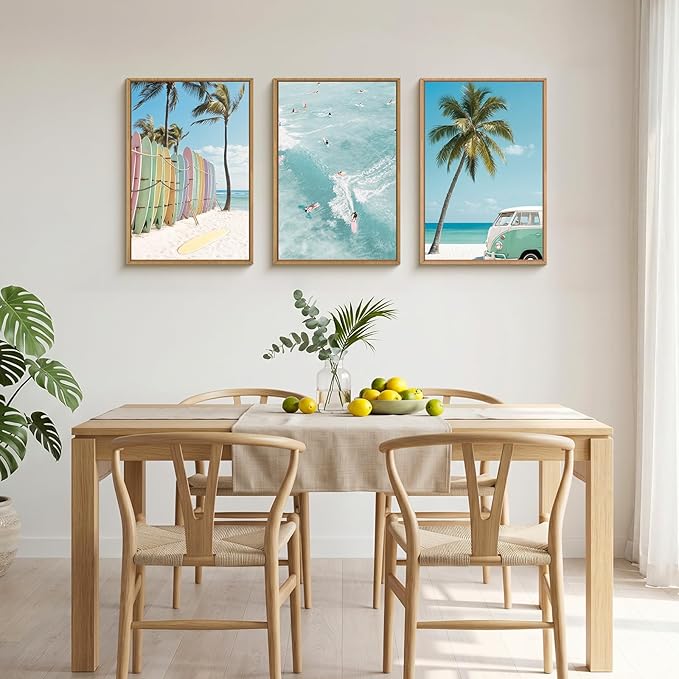 KAIRNE Ocean Beach Framed Canvas Wall Art Set, Coastal Seascape Surfboard Wall Decor, Modern Palm Tree Art Prints, Summer Surfing Blue Artwork for Living Room, Bedroom, Farmhouse, Office-24 x36 x3