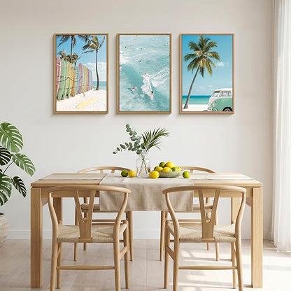 KAIRNE Ocean Beach Framed Canvas Wall Art Set, Coastal Seascape Surfboard Wall Decor, Modern Palm Tree Art Prints, Summer Surfing Blue Artwork for Living Room, Bedroom, Farmhouse, Office-24 x36 x3
