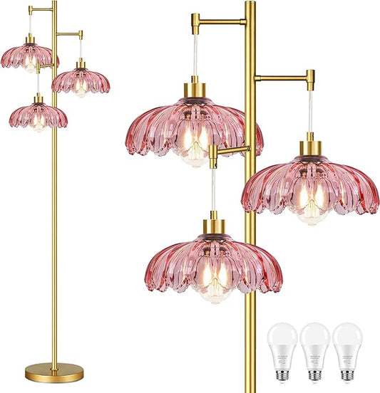AHDWDW Gold Floor Lamp for Living Room,Modern Floor Lamps with Unique Pink Glass Shades,3 Lights Mid Century Tall Standing Lamp,Vintage Tree Flower Floor Lamp for Bedroom Corner Office Reading