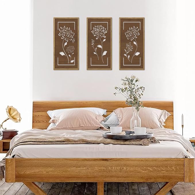 KAIRNE Floral Wooden Wall Art,Boho Flower Farmhouse Decor Set of 3(16X8),Brown Vintage Wood Hanging Decor,Bohemian Framed Wall Art,Retro Design for Living Room Bedroom Office Decor