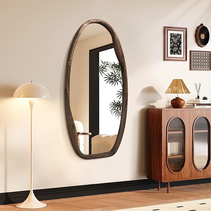 JJUUYOU Irregular Wall Mirror Asymmetrical Bathroom Mirrors for Wall 40"X20" Large Wood Framed Hanging Mirror for Living Room Bathroom Entryway Bedroom Horizontal or Vertical Dark Brown