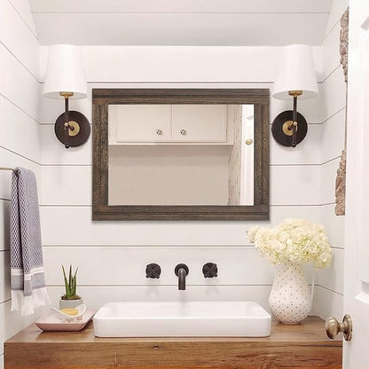 AAZZKANG Rustic Wood Mirror Rectangle Decorative Wall Hanging Mirrors with Frame Large 28"x20" for Bedroom Living Room Bathroom Home Entryway