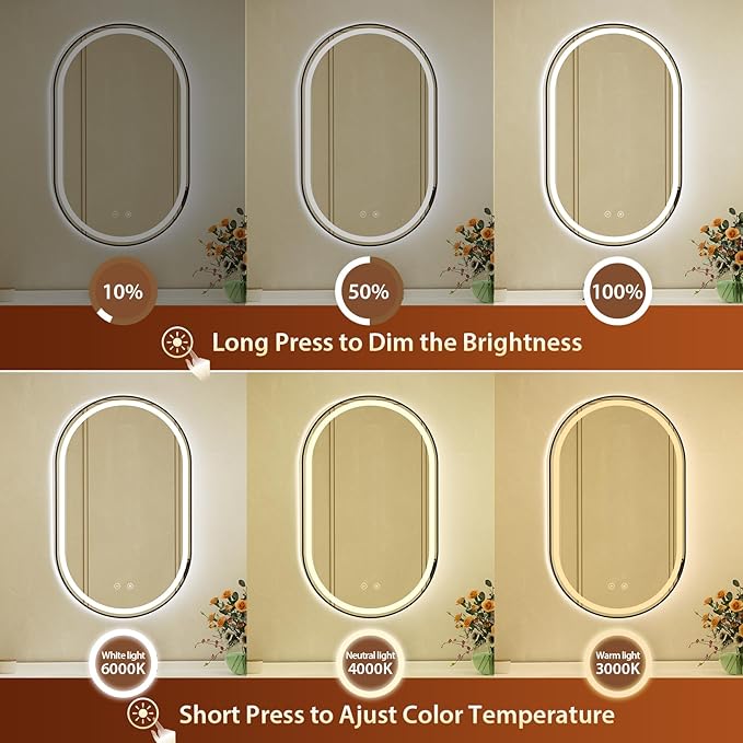 24x40 Inch Oval Black Framed LED Bathroom Mirror with Lights, Wall-Mounted Mirror with Anti-Fog, 3 Color Temperature, Dimmable Brightness, Waterproof, Tempered Glass, Frontlit & Backlit