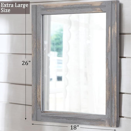 AAZZKANG Wood Framed Mirror Rectangular Rustic Wall Mirrors Decorative Large 26"x18" for Farmhouse Bathroom Living Room Bedroom Grey