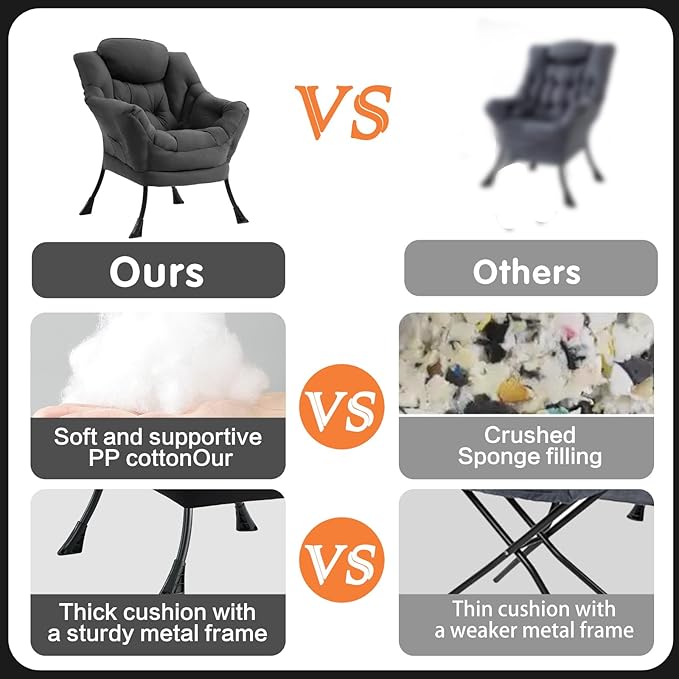 Lazy Chair, Large Accent Chair, Modern Comfy Armchair, Dark Grey Chair for Living Room Bedroom Dorm Room Office Apartment Reading Relaxing Use