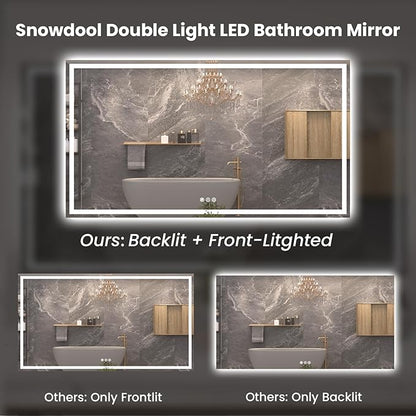 Snowdool 72"X40" LED Bathroom Mirror with Front Lights and Backlit, Anti-Fog, Dimmable, Shatter-Proof Tempered Glass, Lighted Bathroom Vanity Mirror for Wall with 3 Colors, Memory Function