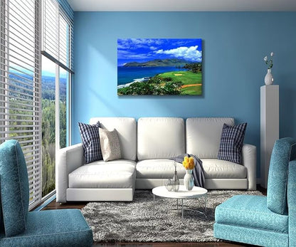 chenchenArt Lagoons Golf Course Wall Art for Living Room Bedroom Bathroom Home Decoration Hawaii Ocean Golf Course Picture Poster Canvas Prints Modern Artwork Framed Ready to Hang(18''H x 24''W)