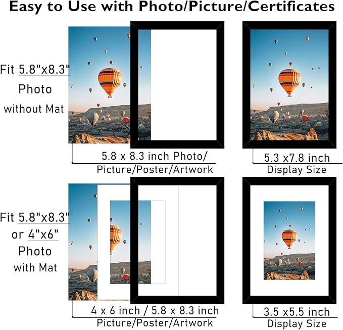 JCJMY 5.8x8.3 A5 Picture Frame Set of 6 Black with 4x6 Mat for Wall Hanging or Tabletop, Display Photo 4x6 with Mat or 5.8 x 8.3 Without Mat, Wall Poster Photo Frame with Plexiglass, 6 Pack, Black