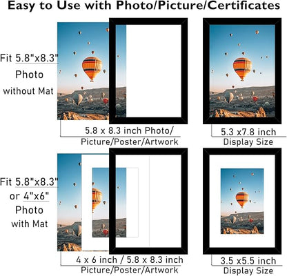 JCJMY 5.8x8.3 A5 Picture Frame Set of 6 Black with 4x6 Mat for Wall Hanging or Tabletop, Display Photo 4x6 with Mat or 5.8 x 8.3 Without Mat, Wall Poster Photo Frame with Plexiglass, 6 Pack, Black