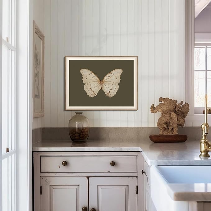 Uniro Vintage Framed Wall Art, Classical Butterfly Oil Paintings, Dark Moody Insect Canvas Prints Artwork with Antique Frame, Saige Green Wall Decor Pictures for Bedroom, Kitchen, Shelf, Bathroom Wall Decor, Cottagecore Room Decor - 16x24Inch