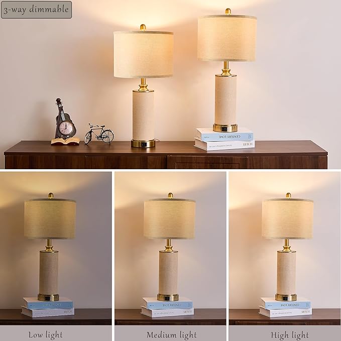 25.5"Boho Weaving Gold Large Table Lamps Set of 2, Touch Control 3-Way Dimmable Farmhouse Bedside Lamps with USB A+C Charging Ports for Living Room/Bedroom/Office-with (2 LED Bulbs Included)