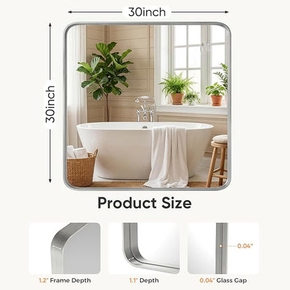 NEWBULIG 30"x30" Sliver Wall Mirror, Bathroom Mirrors for Over Sink, Matte Metal Framed Vanity Mirror with Tempered Glass, Entryway, Living Room, Bedroom