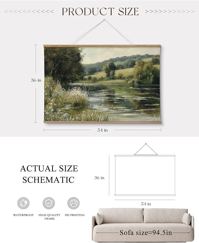 ARPEOTCY Extra Large Vintage Framed Wall Art, 36x54 Inch River Landscape Hanging Framed Canvas Prints Scroll Wall Art Decor for Living Room Bedroom, Retro Scenery Pictures Above of Bed