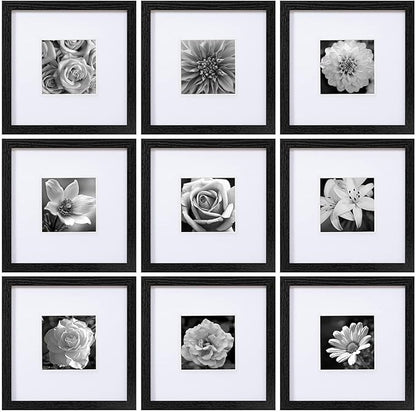 eletecpro 10x10 Picture Frames Set of 9 with Clear Acrylic Cover, Display 5x5 Photos with Mat or 10x10 Without, Classic and Sturdy Square Collage Gallery Wall Decor, Easy Wall Mount, Black