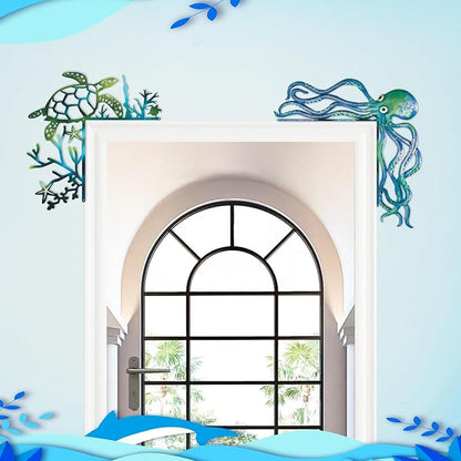 2025 3PCS Ocean Door Frame Decoration Set Metal Turtle Octopus Starfish with Double Sided Silhouette for Window, Door, Shelf, Table, and Corner Sign Home Décor Accent