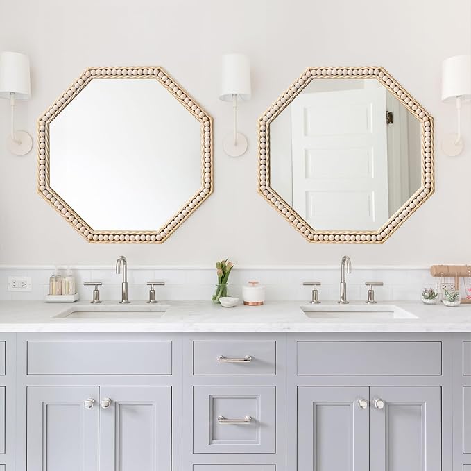 Octagon Bathroom Mirror 24x24 Inch, Gold Accent Mirror, Antique Beaded Mirror Metal Framed, Rustic Square Vanity Mirror for Bedroom Living Room Washing Room Entryway