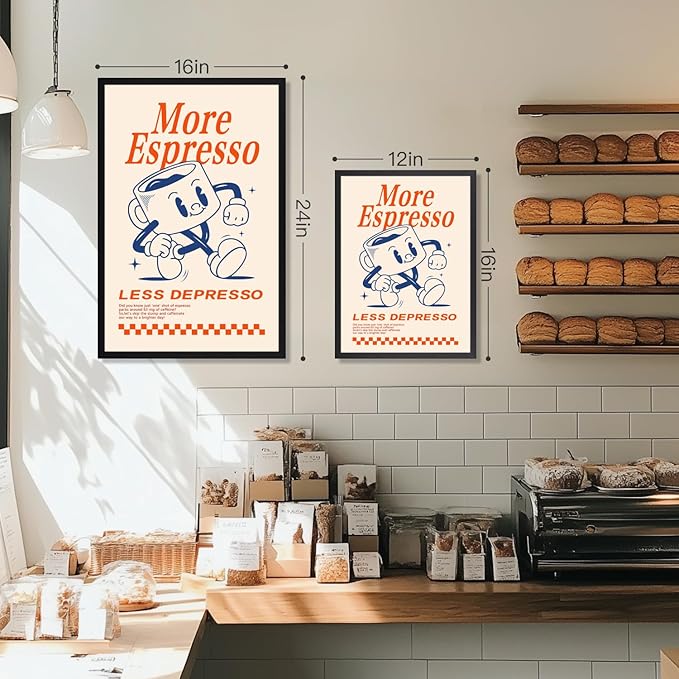 GELDSTEI Wood Framed Cute Coffee Wall Art, More Espresso Less Depresso Wall Decor, Funny Coffee Bar Aesthetic Picture, Vintage Cafe Bar Poster Print, Retro Cafe Cup Canvas Painting for Kitchen 16x24 Inch