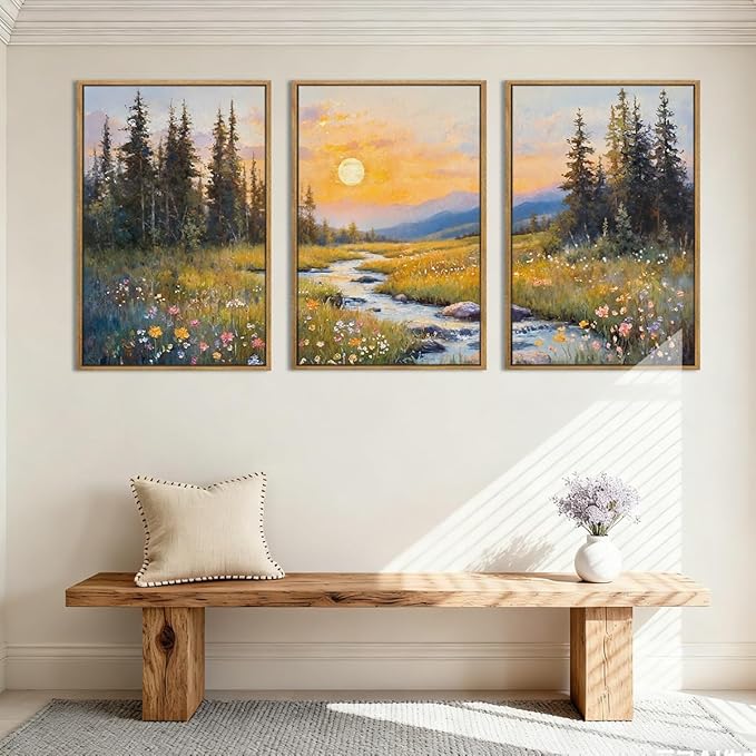 IARTTOP Large Mountain Wall Art Framed 16x24 Inch Abstract Forest Landscape Canvas Wall Decor Nature Scenery Wildflower botanical Artwork for Living room Bedroom Set of 3