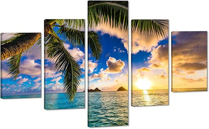 Large Ocean Canvas Wall Art Beach Sunrise Landscape Poster Modern Seascape Pictures HD Print on Canvas Framed Ocean Artwork for Living Room Kitchen Bedroom Wall Decorations Stretched Ready to Hang - 60''W x 40''H
