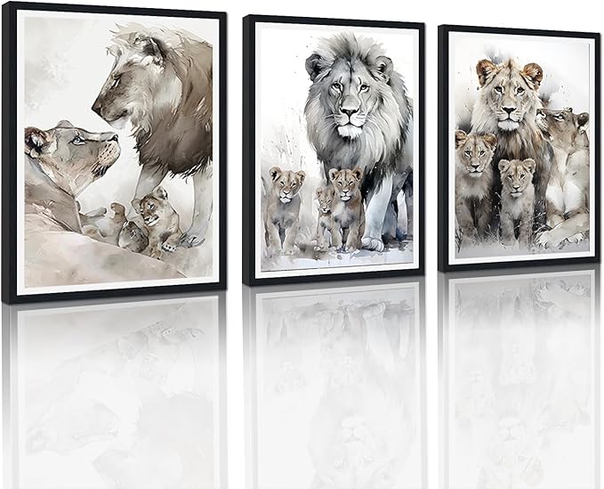 3 Pieces Lion Family Framed Canvas Wall Art Watercolor Safari Lion Picture Wall Decor for Farmhouse Modern Wildlife Animals Print Artwork for Office Nursery Decoration Easy to Hand 16x24inchx3pcs